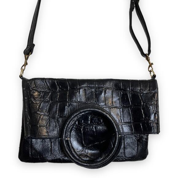 Vintage Crocodile Embossed Leather Fold Over Crossbody Purse - Picture 1 of 7